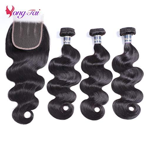 Yuyongtai Brazilian Body Wave 3 Bundles with Closure (20 22 24 +18, 3 Part) 100% Unprocessed Brazilian Virgin Body Wave Human Hair Bundles with 4x4 Lace Closure 1B Color
