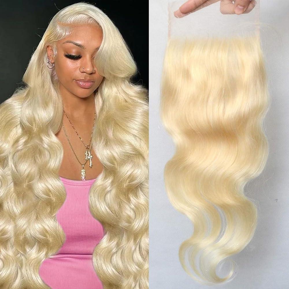 QTHAIR QTHAIR 14A Russian Blonde #613 Transparent Lace Frontal Closure 100% Russian Blonde Human Hair for Female (14\", 613 Body Wave Closure) 613 Blonde Closure