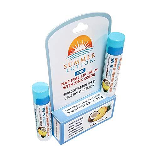 Summer Lotion Natural Lip Balm with Zinc Oxide Sunblock by Summer Lotion, SPF 15 Lip Sunscreen 2-Pack, Water Resistant Chapstick, SPF Lip Protection for Everyone, (Pina Colada)