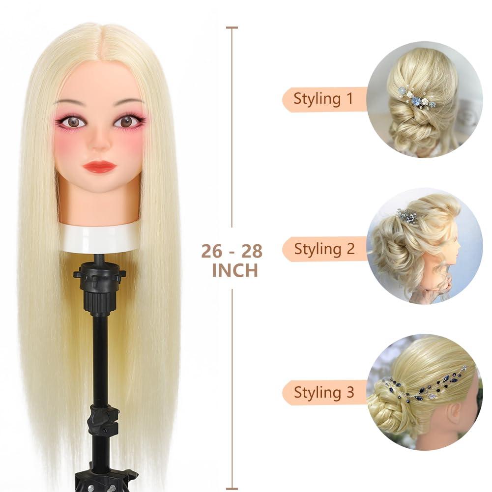 Opini Opini Mannequin Head with 70% Real Human Hair Cosmetology Hairdresser Mannequin Doll Head for Practice Hair and Makeup (#613 Blond No makeup)