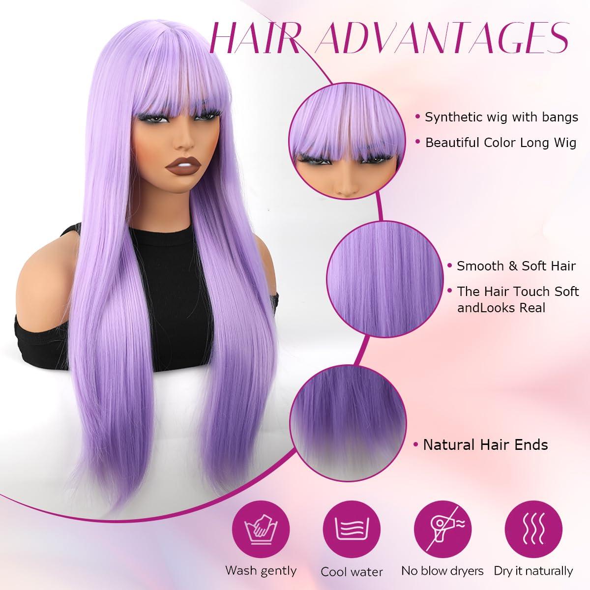 forfeels forfeels Light Purple Wig With Bangs Long Straight Synthetic Wigs For Women 28 Inch Cosplay Wig Synthetic Wig With Bangs Light Purple Synthetic Hair For Halloween And Party