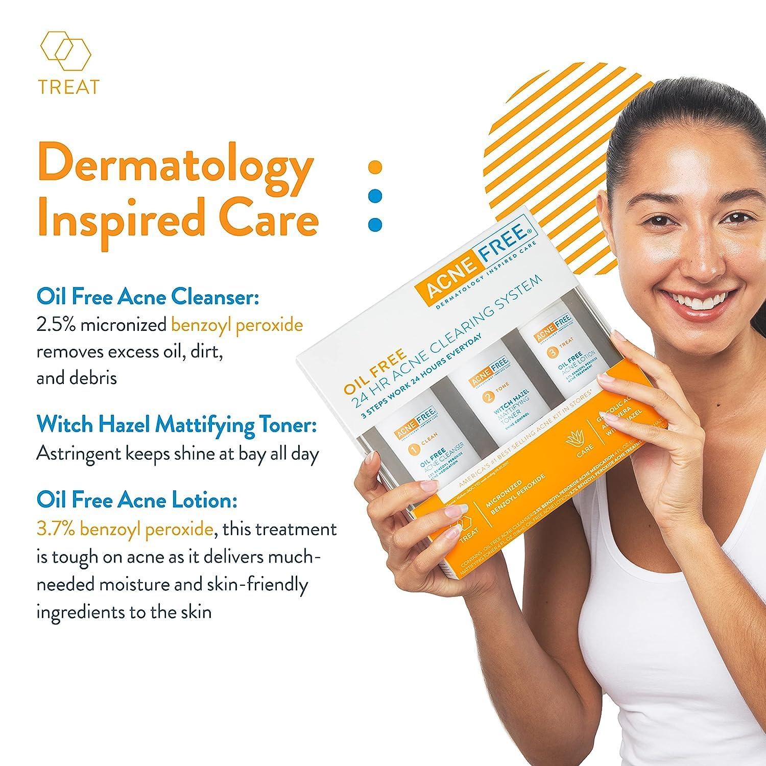 AcneFree AcneFree 3 Step 24 Hour Acne Treatment Kit - Clearing System W/Oil Cleanser, Witch Hazel Toner & Lotion - Acne Solution W/ Benzoyl Peroxide for Teens & Adults