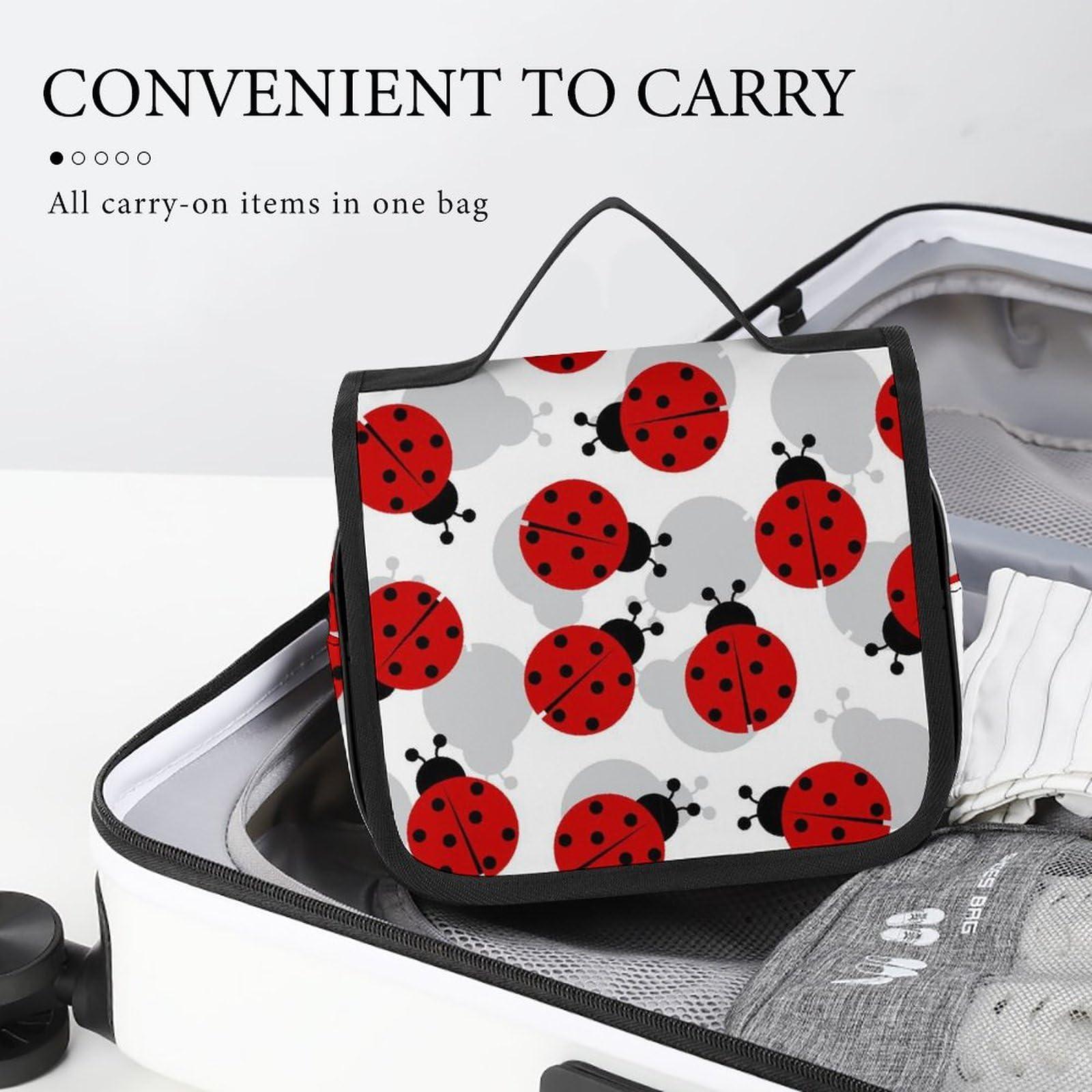 Meaudiwes Travel Hanging Toiletry Bag, Makeup Bag, Organizer Extra Large Toiletries Bag, Multifunction Cosmetic Bag For Women Men Compatible with Red Black Dots Ladybugs Pattern
