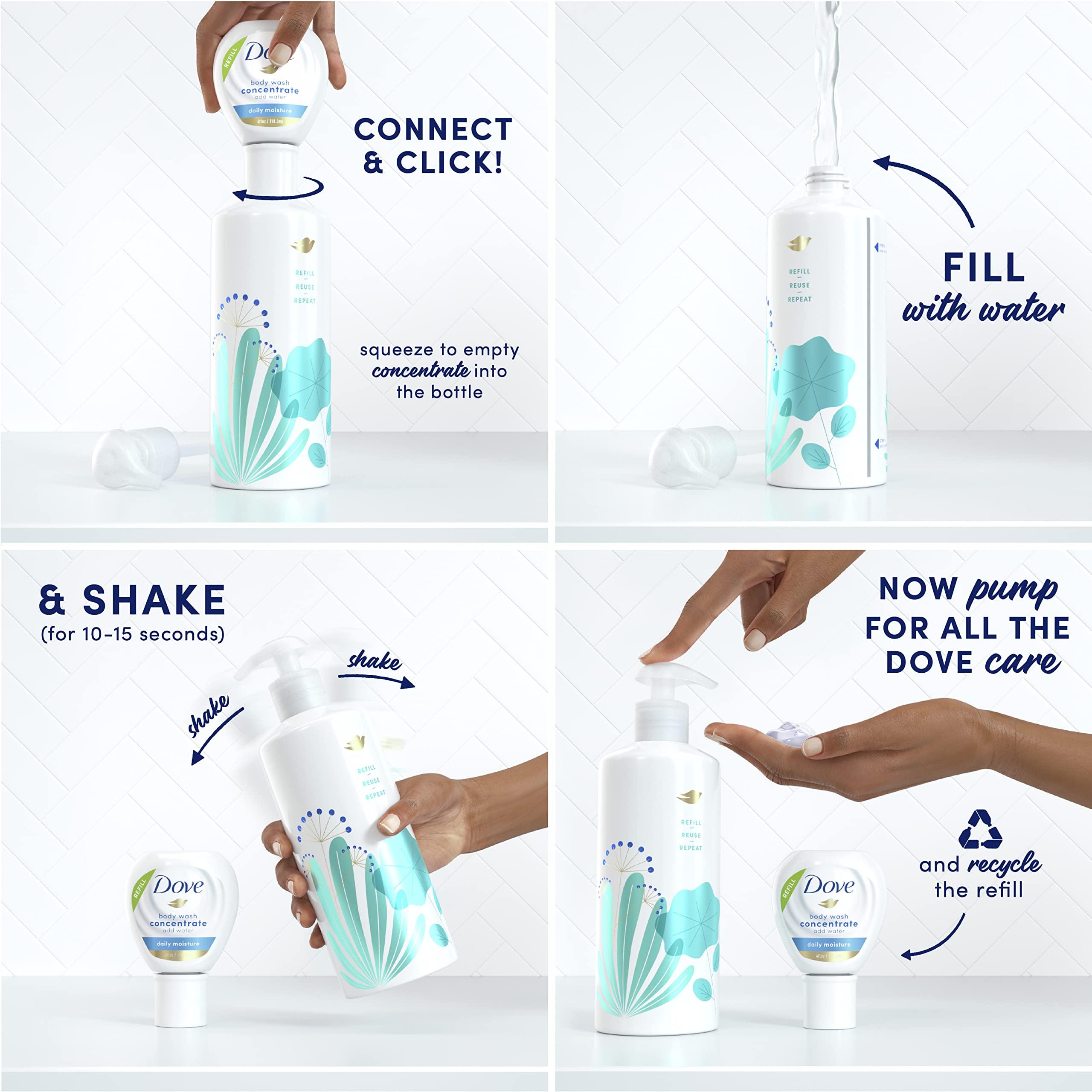 Dove Dove Concentrate Refill and 100 percent Recycled Reusable Bottle for Instantly Soft Skin Daily Moisture Starter Kit for Lasting Nourishment Body Care 4 Fl oz (makes 16 Fl oz)
