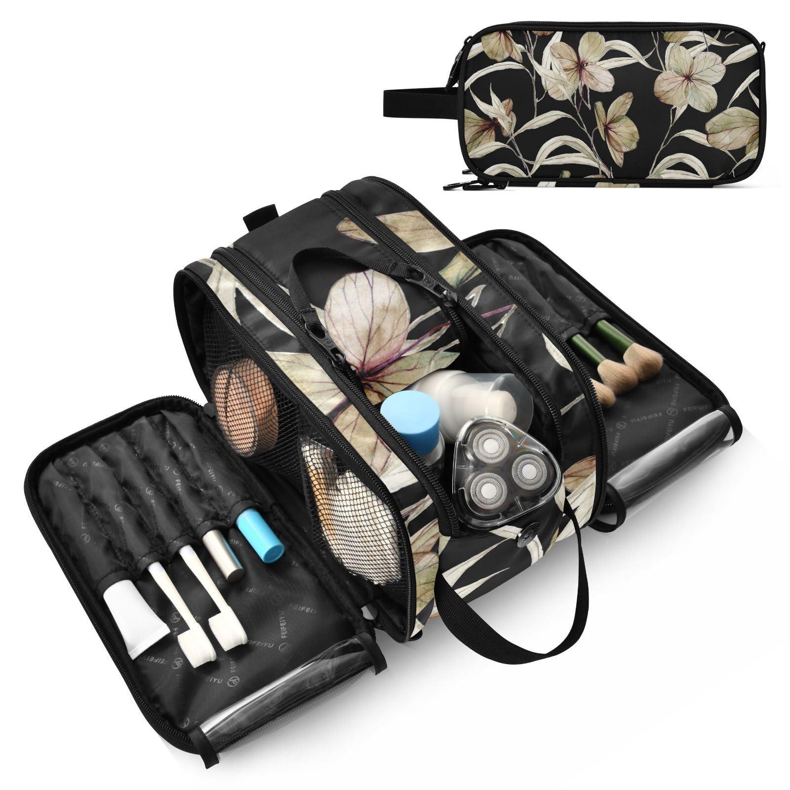 DALAWU Large Capacity Travel Cosmetic Bag for Women Dry Leaves and Hydrangea Flowers Travel Portable Cosmetic Pouch With Handle and Divider Flat Lay Bag Organizer Toiletry Bag Makeup Box for Skincare Cosmeti