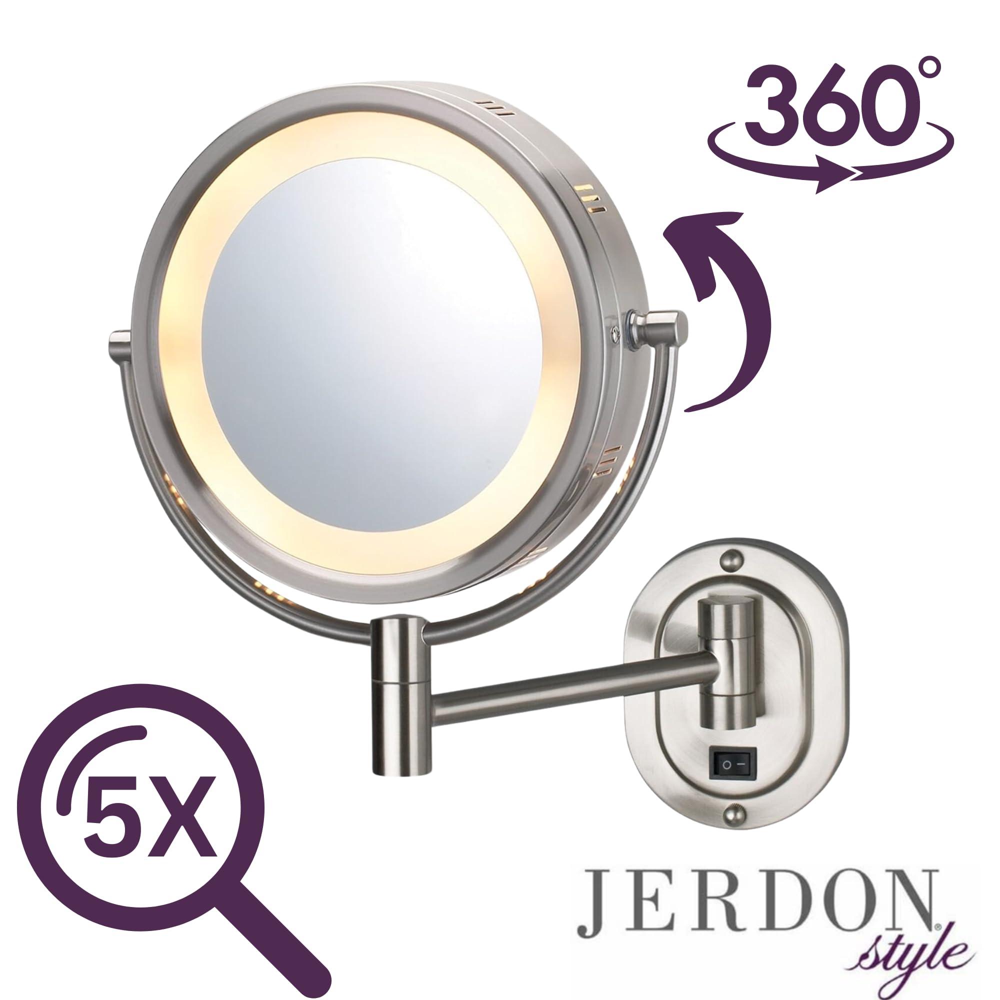 Jerdon JERDON Lighted Wall-Mounted Makeup Mirror - Direct Wire Makeup Mirror with 5X Magnification - 8-Inch Diameter Mirror with Chrome Finish Wall Mount - Model HL165CD