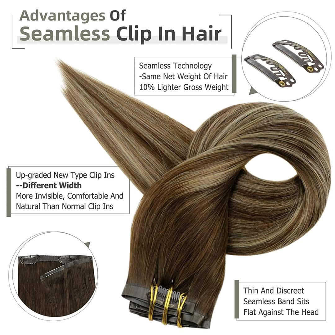 Sweejim Seamless Hair Clip Hair Extensions Remy Human Hair 120G Pu Invisible Clip In Extensions Human Hair Color 1B 22inches 100g/Set