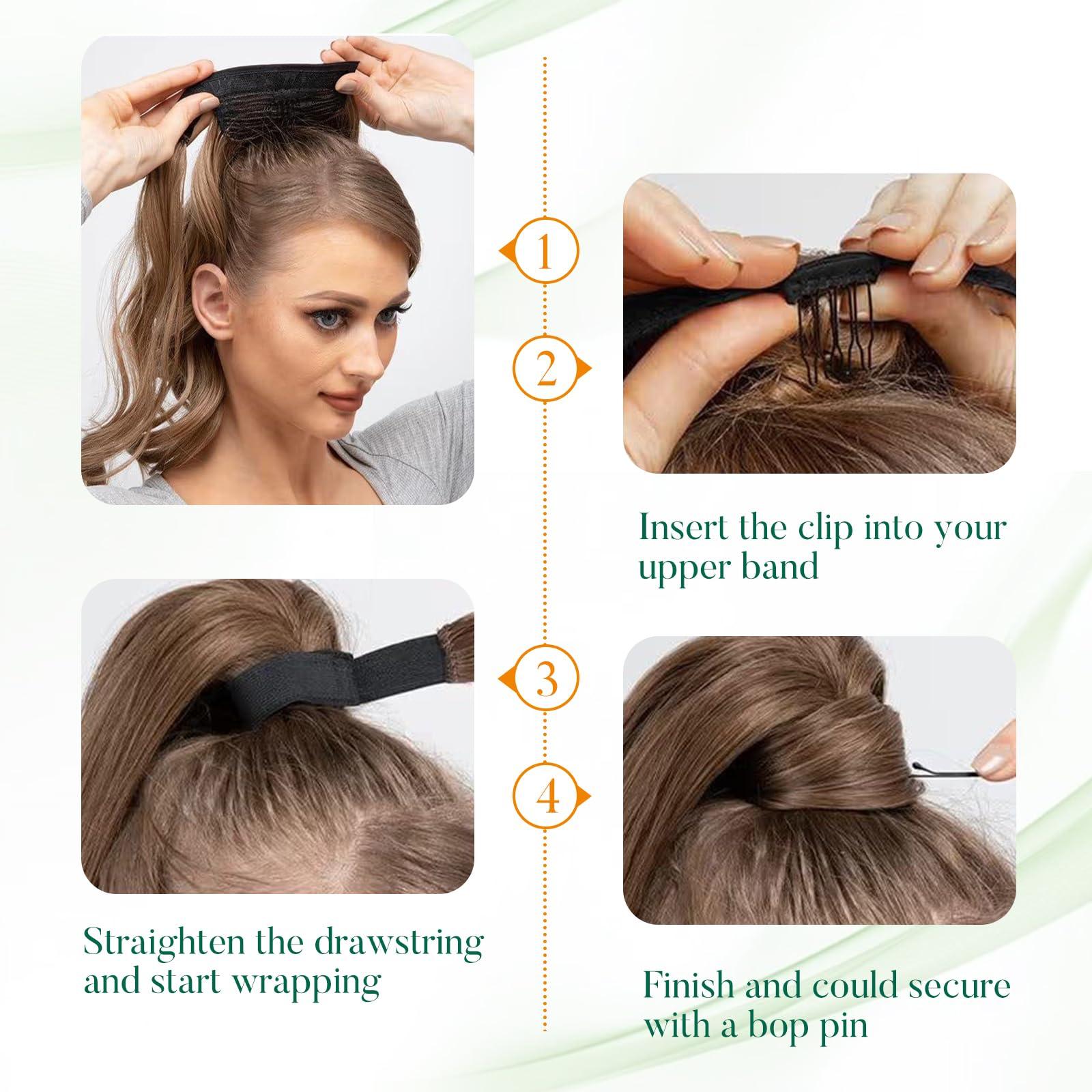 Easyouth Ponytail Extensions Human Hair Blonde Human Hair Ponytail Ash Blonde Highlighted Bleach Blonde Pony Tails Hair Extensions Real Human Hair for Women 16Inch 80g #18P613