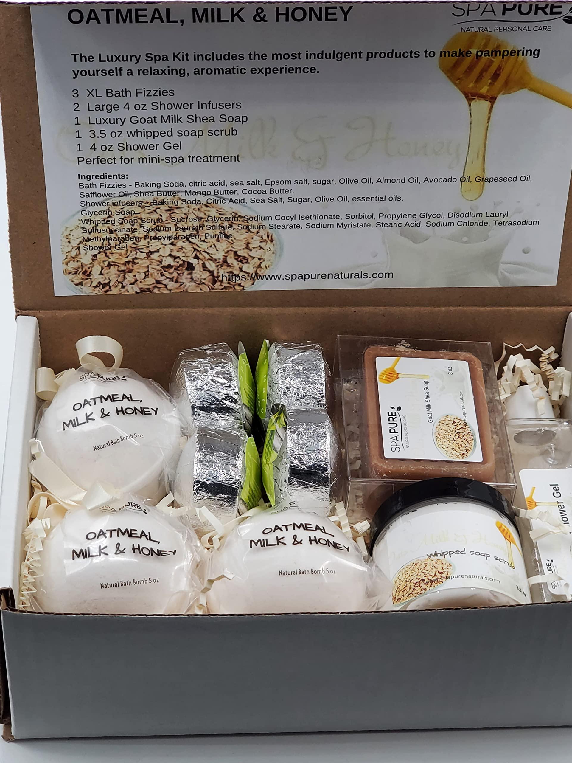 Spa Pure Spa Pure Luxury Spa Kit - 3 XL Bath Fizzies, 2 XL Shower Steamers, 3.5 oz Whipped Soap Scrub, Goat Milk Soap, Shower Gel (Oatmeal Milk & Honey)