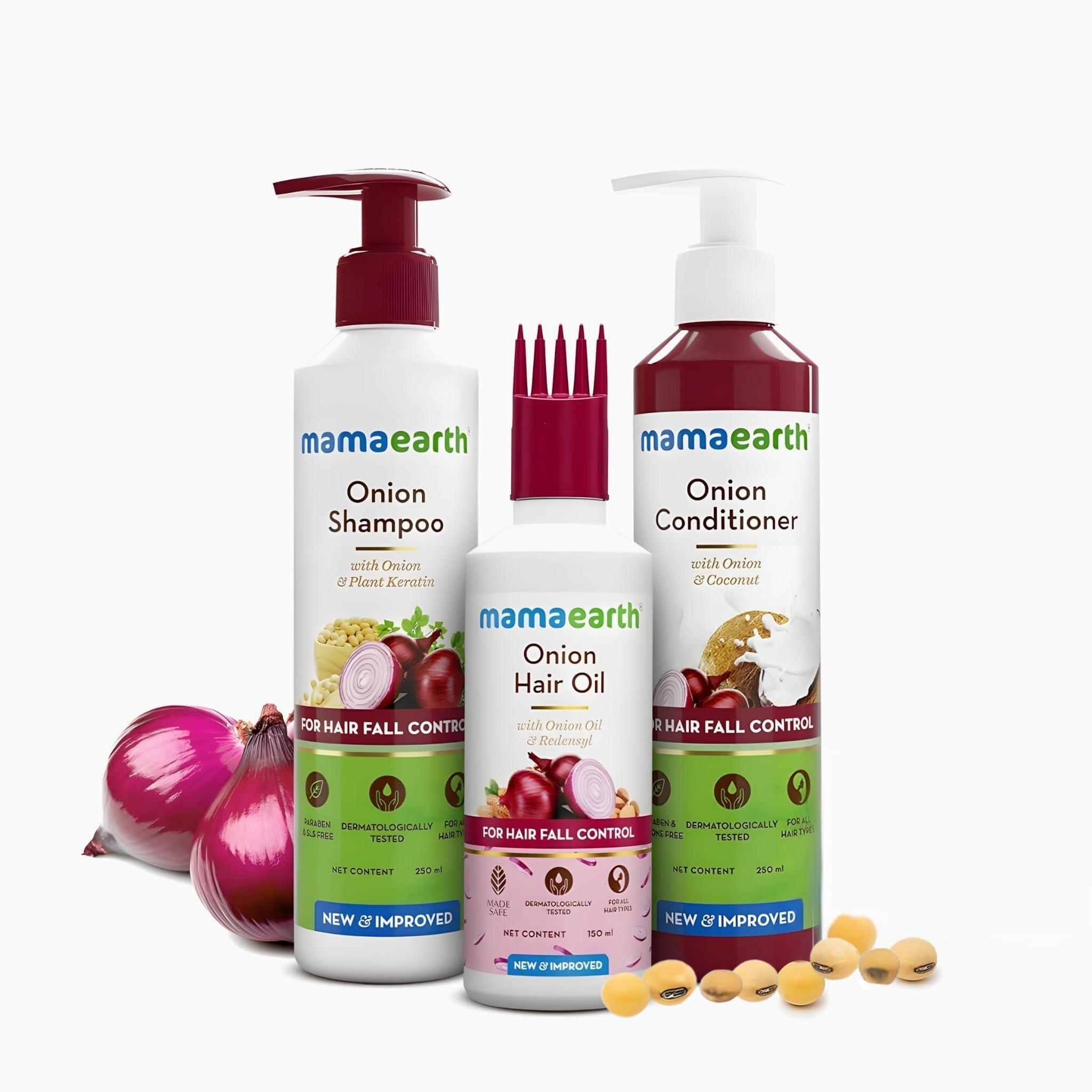 MAMAEARTH Mamaearth Onion Hair Care Kit - Hair Fall Control with 150ml Onion Oil & Shampoo + Conditioner (250ml Each) | Anti Hair Loss & Growth Formula | 3 Piece Set