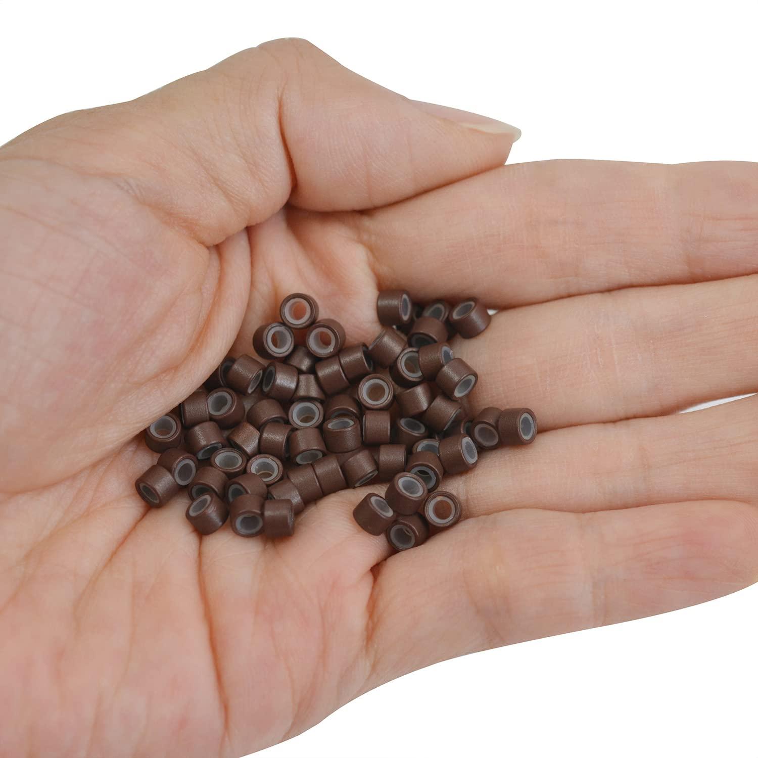 YTBYT 200 Pcs Silicone Lined Micro Links Beads Hair Extensions Beads 4.0 mm Hair Tinsel Beads for Hair Extensions (Brown)