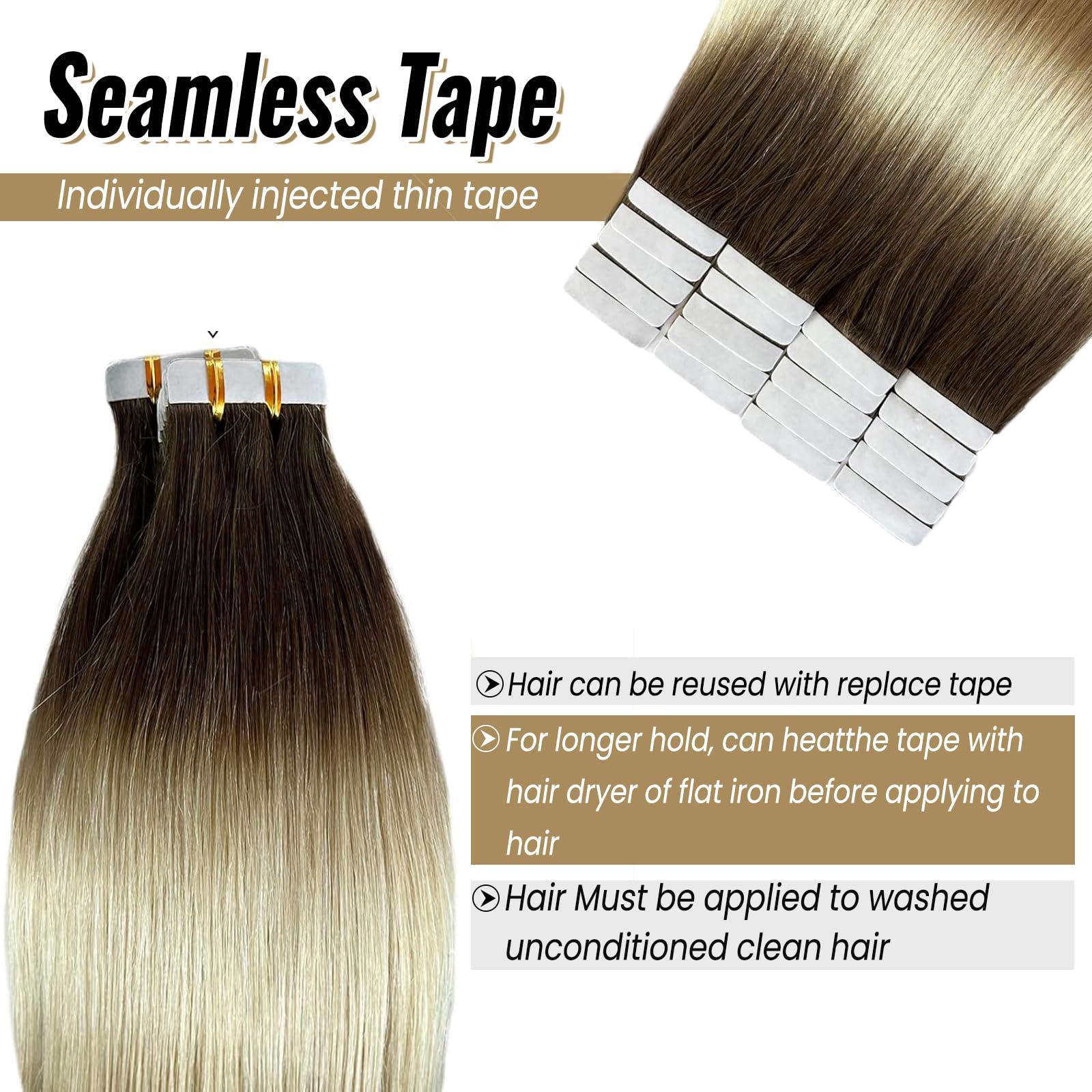 Munx Tape Ins Human Hair Extensions 22inch Omber Flax Brown to Platinum Blonde Silky Straight Brazilian Double Sided Tape in Extensions Human Hair Tape in Extensions