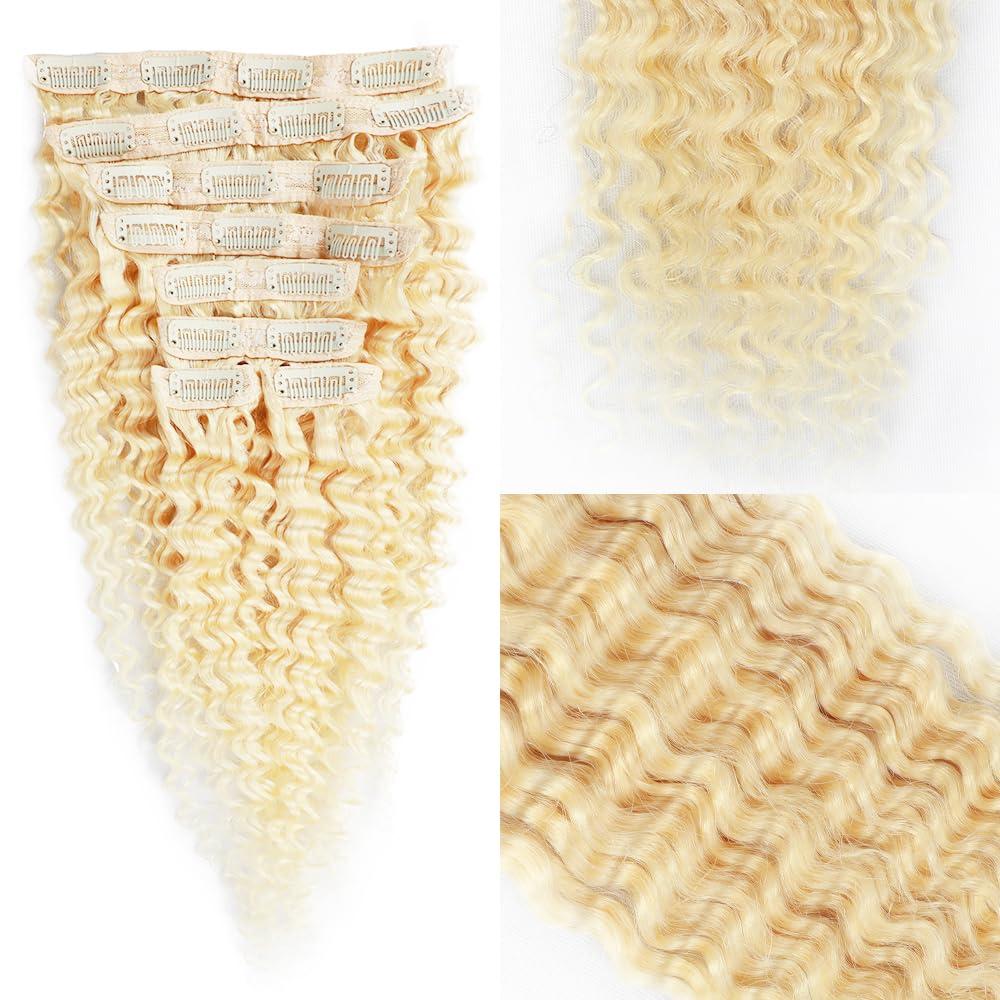 CYIKLI CYIKLI Blonde 24 Inch Curly Clip in Human Hair Extensions 613 Deep Wave Seamless Clip in Hair Extensions Thick Real Human Hair Clip ins Blonde Curly Hair Extensions for Women 100-140g/set