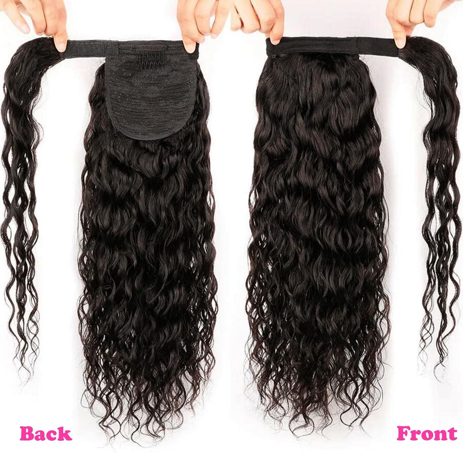 seelaak Seelaak Hair 18 inch Water Wave Ponytail Extensions Human Hair Wrap Around Corn Wave Pony Magic Paste Brazilian Human Hair Extensions for Women Natural Black