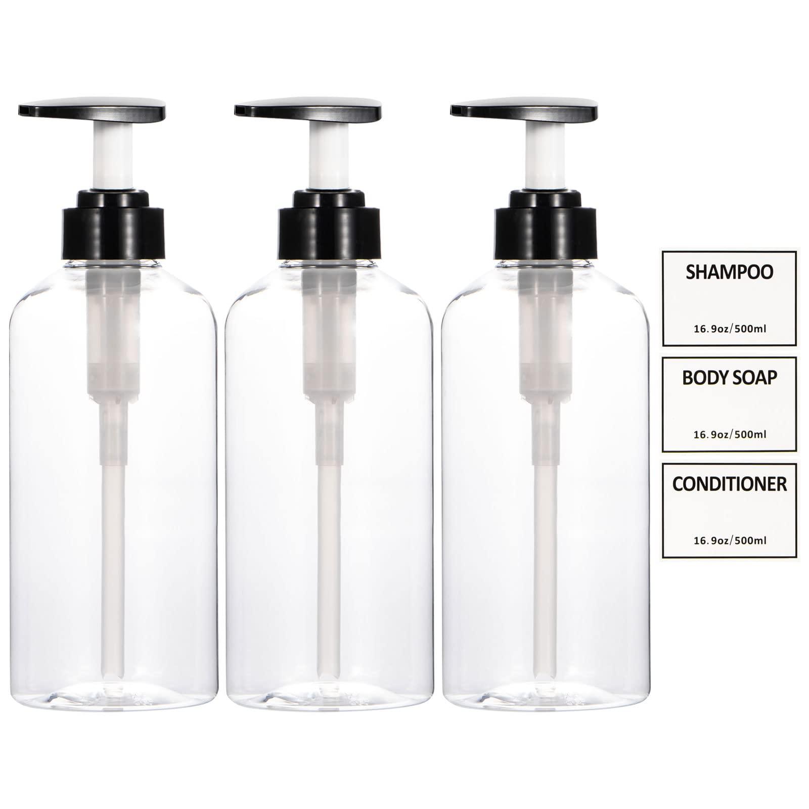 Yeeco Clear Shampoo and Conditioner Bottles,Yeeco Shampoo Pump Bottle Shampoo Bottles Dispenser with Waterproof Labels 16.9oz/500ml 3 Pack for Shampoo and ConditionerBathroom, Kitchen, Hotel