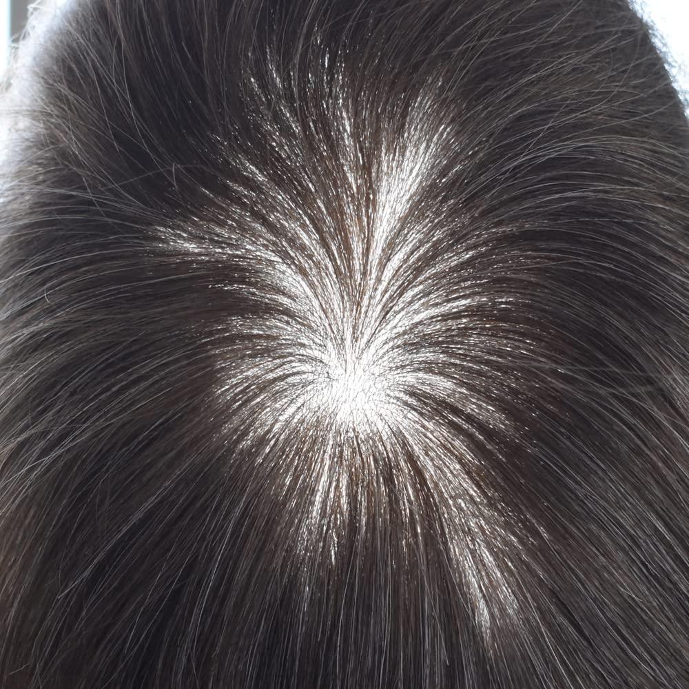 Generic Mens Toupee Human Hair HAIR WONDERS Toupee For Men Hair Units Full 0.12mm Thin Skin Hair System with Natural Hairline Mens Hair Piece (6\'\'*8\'\', #1B10 1B# OFF BLACK WITH 10% SYNTHETIC GREY-120% medium light to medium density)