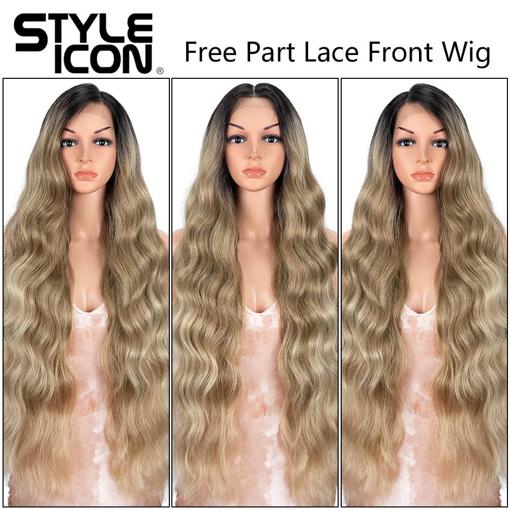 Style Icon Style Icon 36" Easy-360 Lace Wigs 13X6 Free Part Lace Frontal Wigs Super Long Body Wave Wavy Wig Synthetic Ombre Blonde Wig (36 Inches, SOP22613)