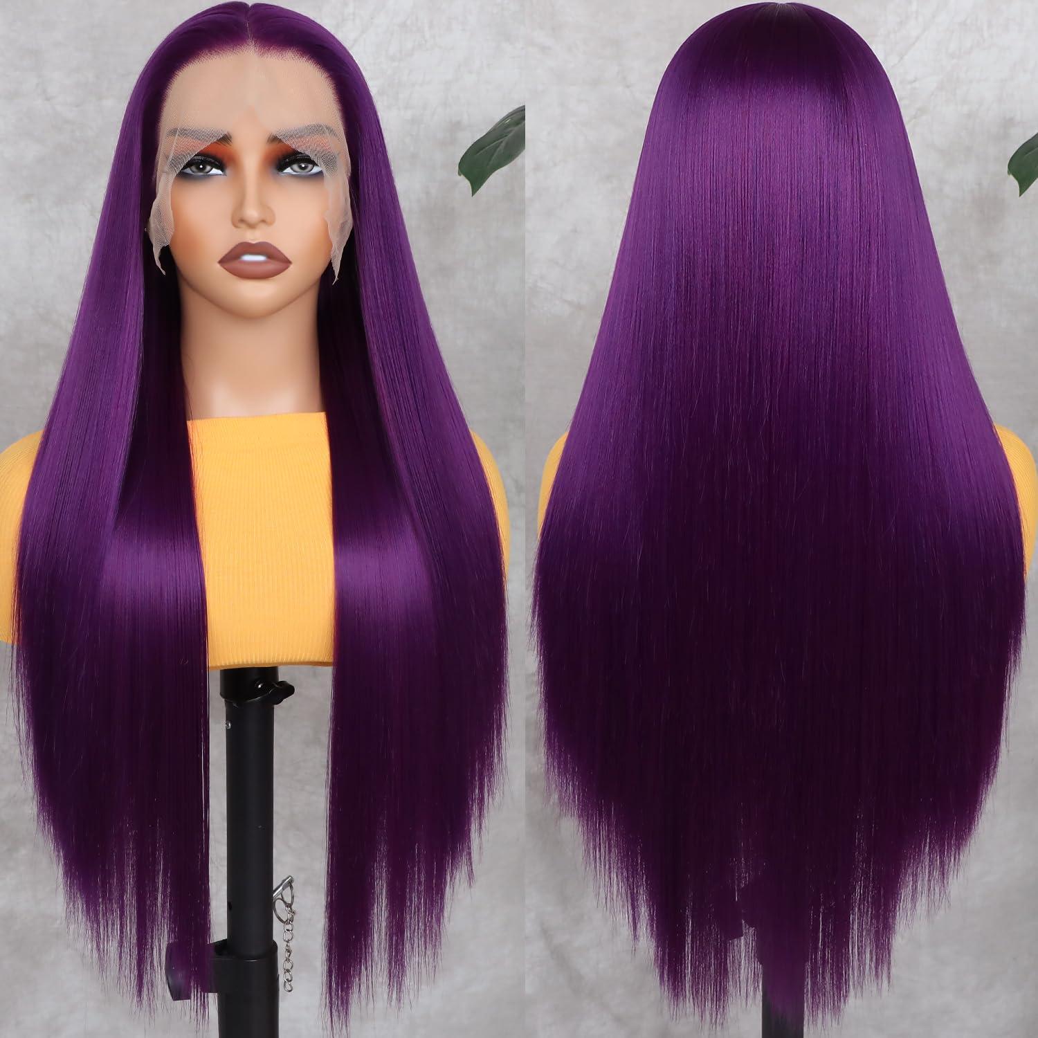 Lezaxiu Lezaxiu Purple Lace Front Wigs Long Straight Glueless Dark Purple Wigs Pre Plucked Ready to Wear Wigs Heat Resistant Synthetic Lace Front Wig for Black Women Natural Hairline