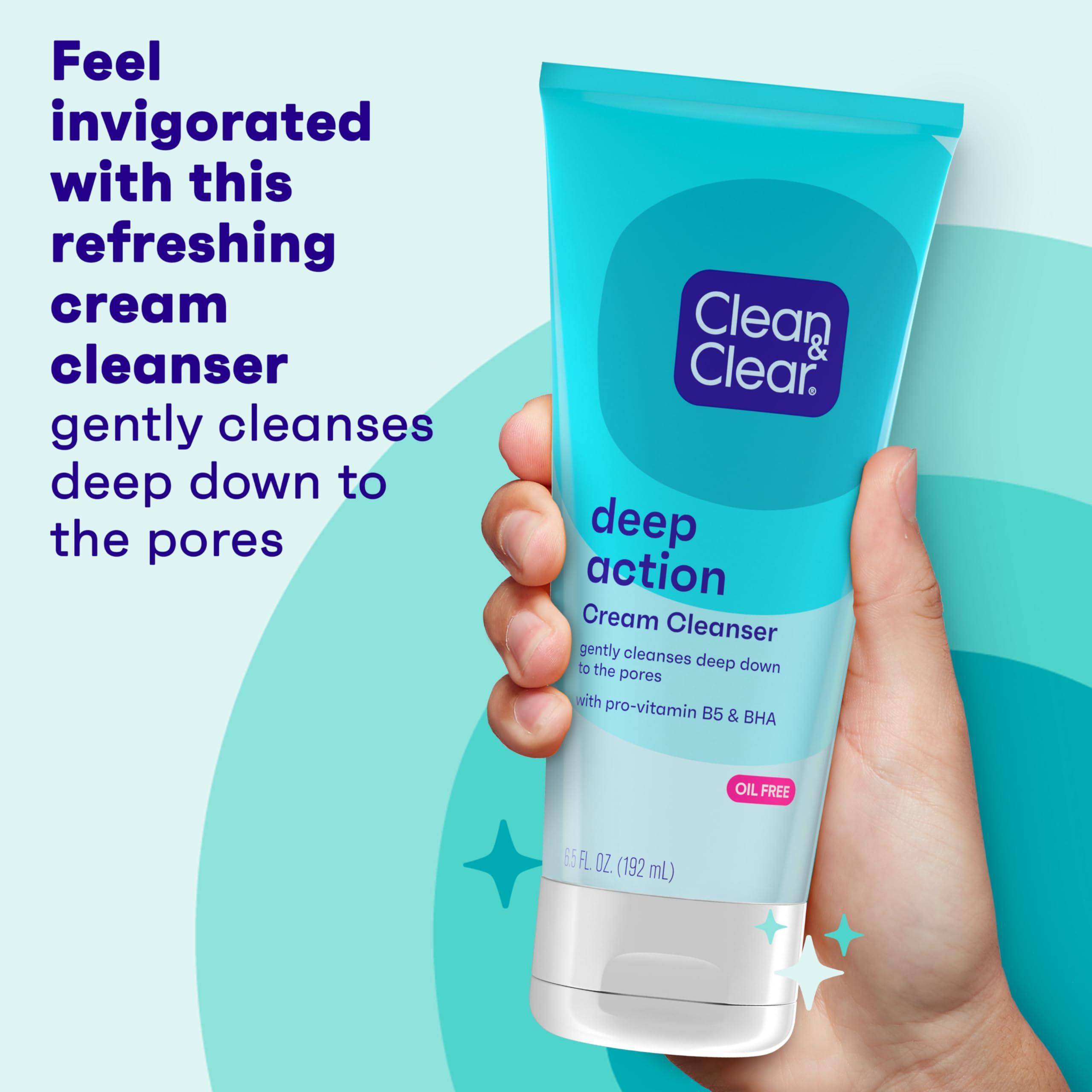 Clean & Clear Clean & Clear Oil-Free Deep Action Cream Facial Cleanser, Cooling Daily Face Wash for Deep Pore Cleansing of Acne-Prone Skin, 6.5 oz (Pack of 2)