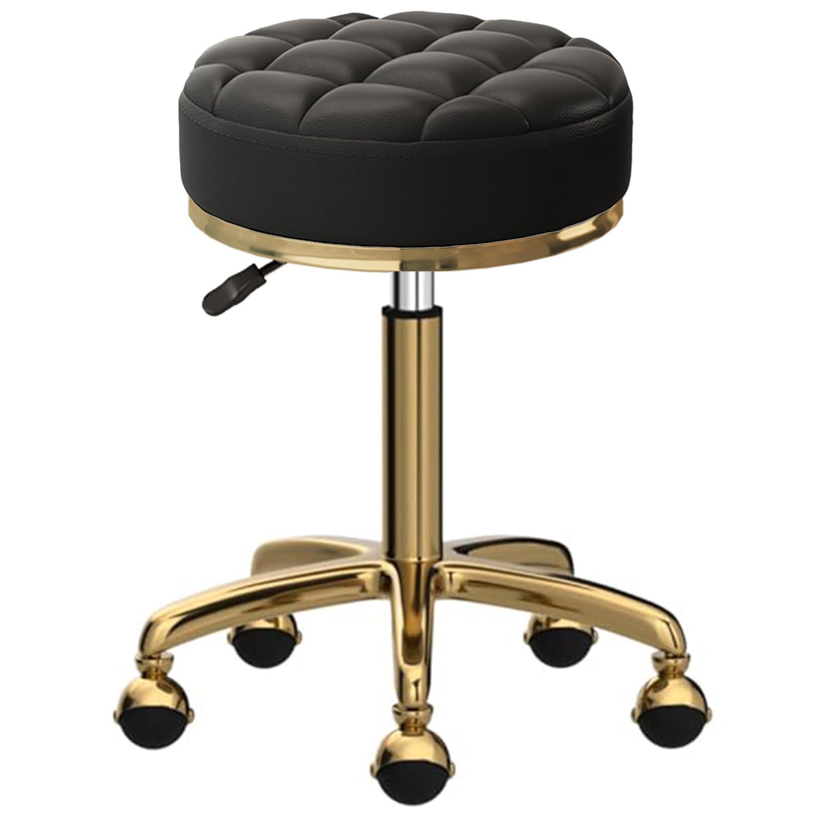 ZJXDPBF Round Rolling Bar Stool, Modern Beauty Salon Spa Swivel Chair with Titanium Gold 5 Claws and Globe Wheels, Adjustable 47-64 cmr:Black