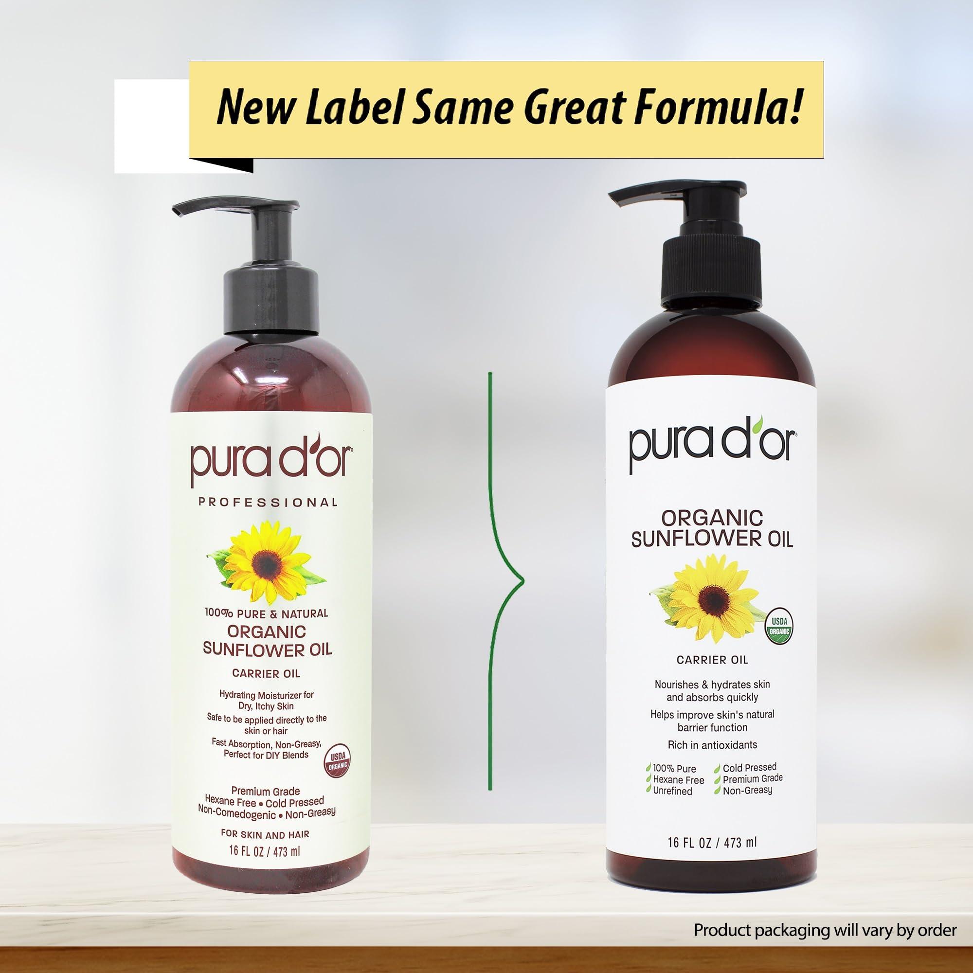 PURA D'OR PURA D\'OR 16 Oz ORGANIC Sunflower Seed Oil - 100% Pure & Natural USDA Certified Cold Pressed Carrier Oil For DIY Beauty - Unscented, Hexane Free Liquid Moisturizer - Face Skin & Hair - Men & Women