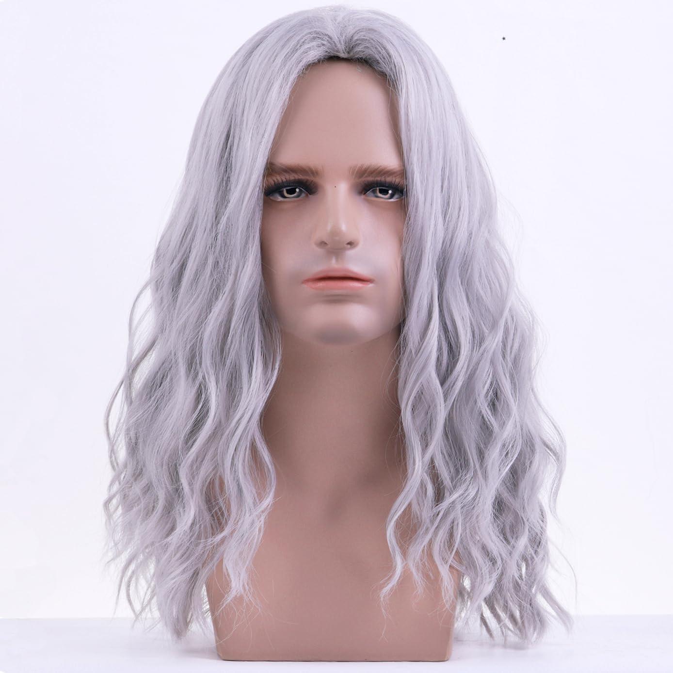 BERON BERON Mens Silver Grey Long Wigs With Halloween Cosplay Costume Party Wig Curly Middle Part Hair Wigs