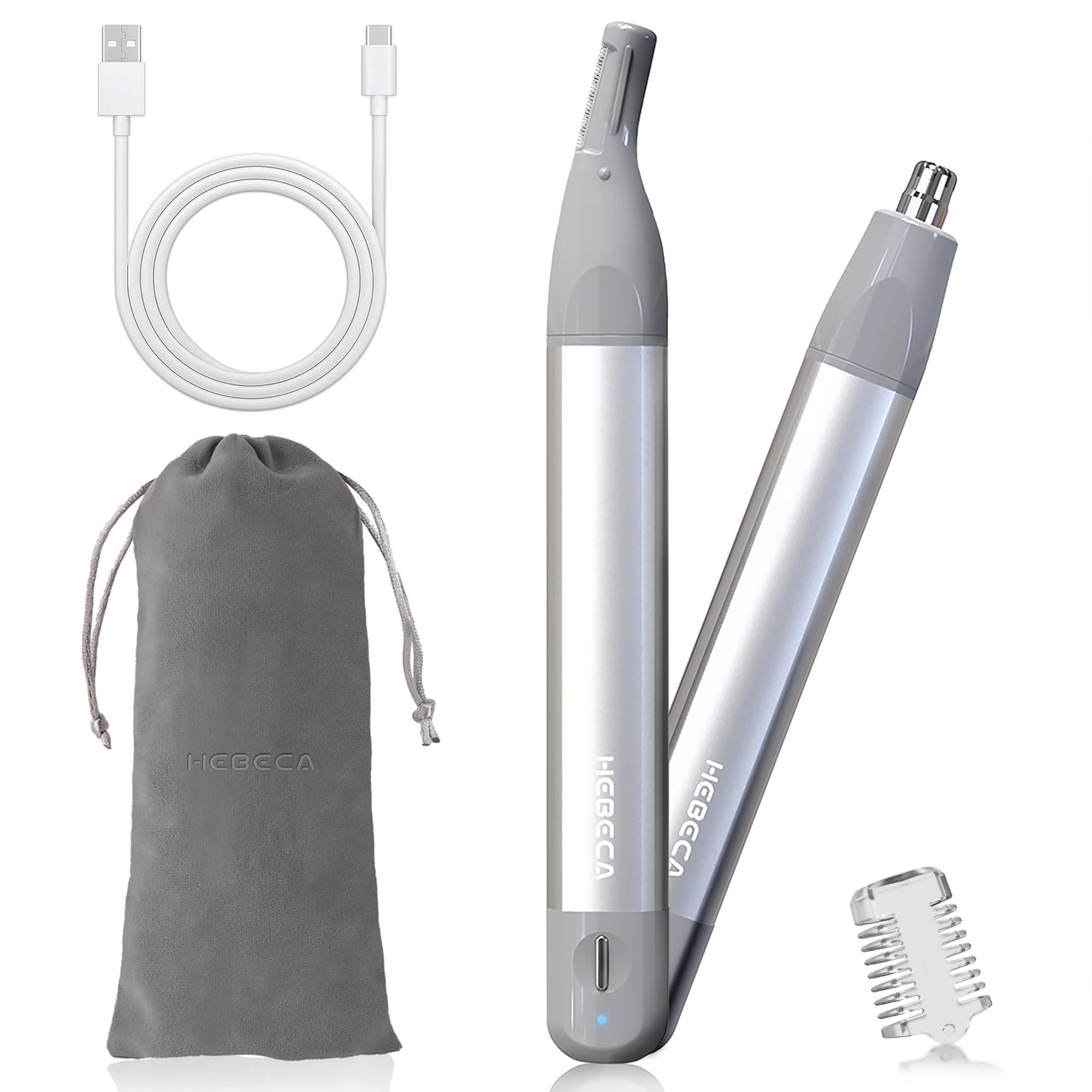 HEBECA HEBECA Nose Hair Trimmer for Women 2in1 Facial Hair Removal Trimmer - Metal Body, Rechargeable, Waterproof, Portable - Nose, Ear, Eyebrow, Peach-Fuzz, Lips, Chin FT2001 (Silver)