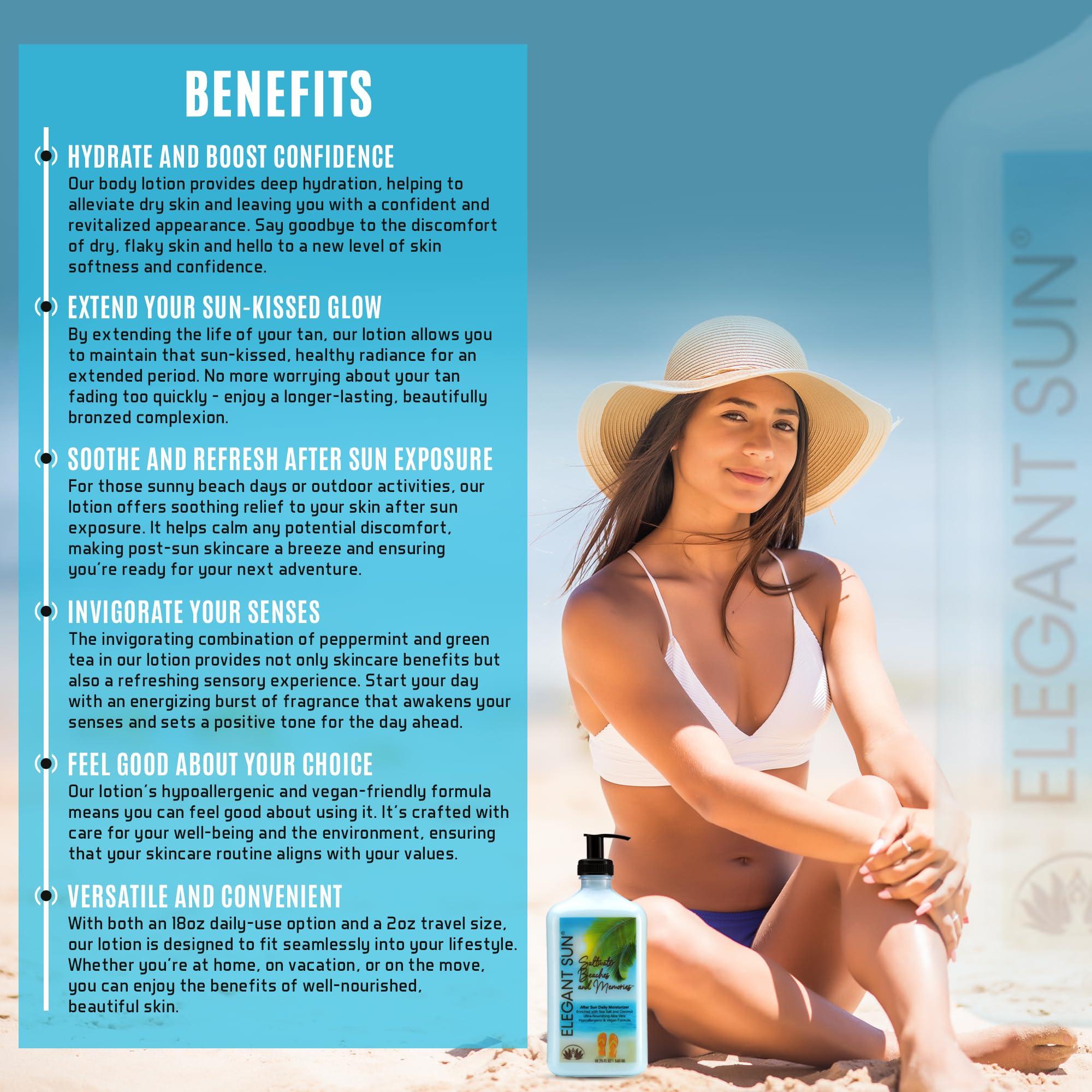 Elegant Sun Saltwater Beaches Tan Extender, After Sun Lotion or Tanning Bed Moisturizer, Aloe Vera Base, Hypoallergenic, Sensitive Skin Care Lotion for Men or Women, Unisex Fresh Scent, Elegant Sun