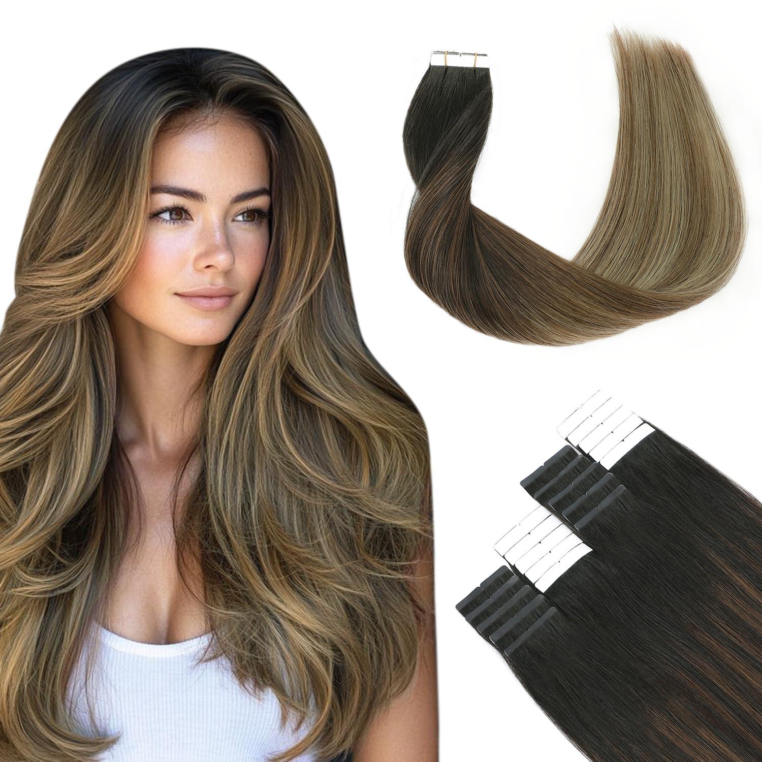 SURNEL SURNEL Tape in Hair Extensions Human Hair 16 inch Tape in Hair Extensions Color 1B Fading to 4 Brown Highlighted 27 Blonde Tape Hair Extensions 20 pcs 50g(#1B/4/27-16)