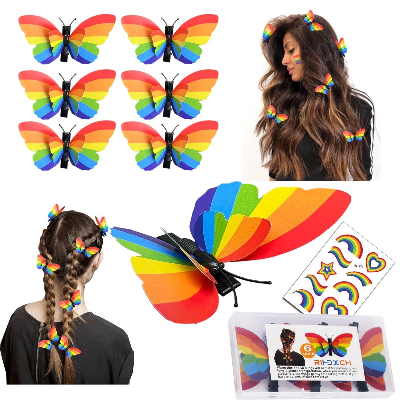RIHDXCH 6 Pieces Gay Pride Day Rainbow Butterfly Hair Clip.Holiday Hair Accessories for Girls Women Wedding Birthday Gifts.LGBT Women Girls Party Parades Celebrations Festival Decorations
