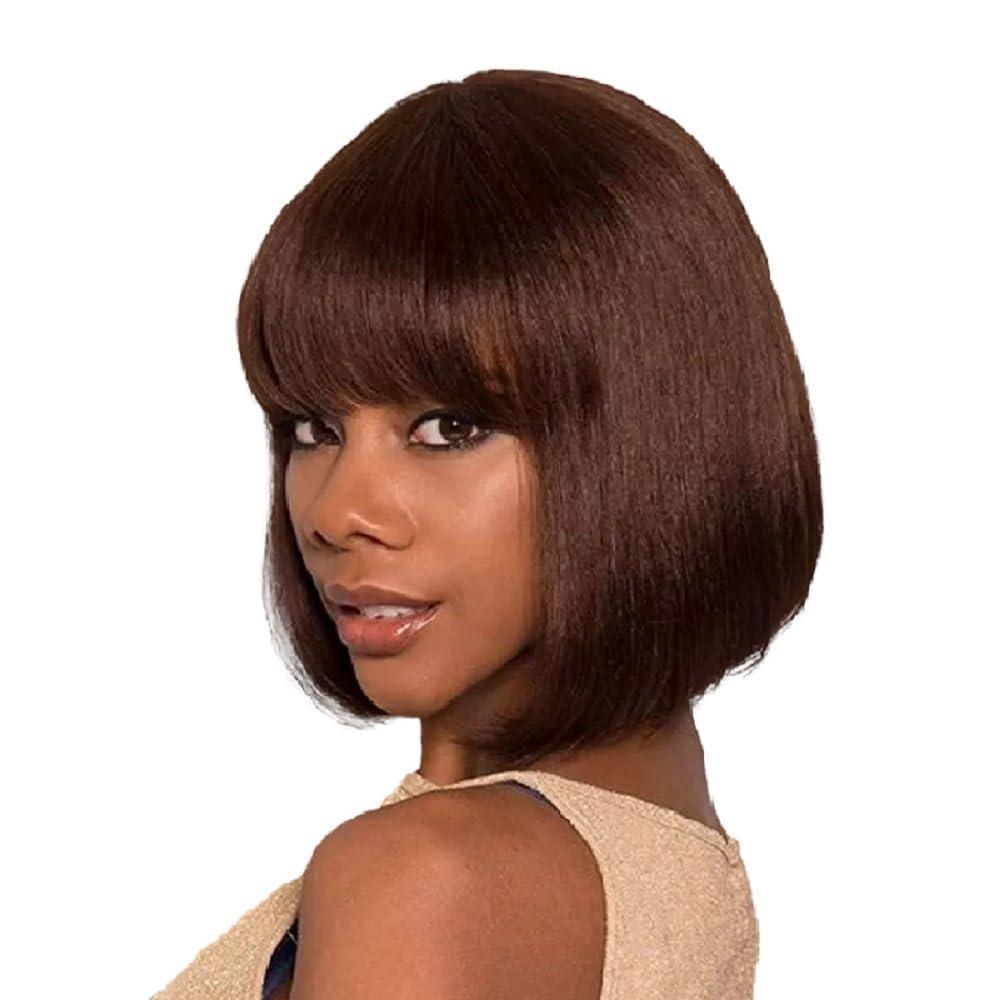 NICMISS NICMISS Chocolate Brown Human Hair Wigs with Bangs Short Bob Wig Human Hair 14 Inch Straight Bob Wigs for Black Women Human Hair Glueless None Lace Front Brazilian Hair Dark Brown