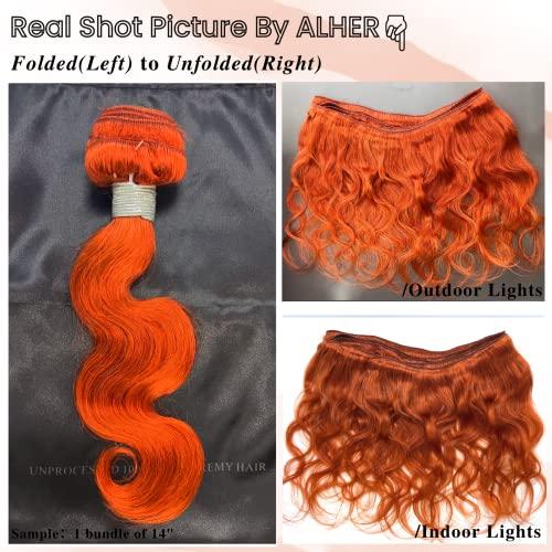 ALHER ALHER Ginger Bundles Human Hair Body Wave Ginger Bundles 350 Bundles Human Hair Sew In Weave Wavy 3 Bundles for Black Women 10A 100% Brazilian Remy Hair Soft Thick Copper Orange Color 10 12 14 Inch