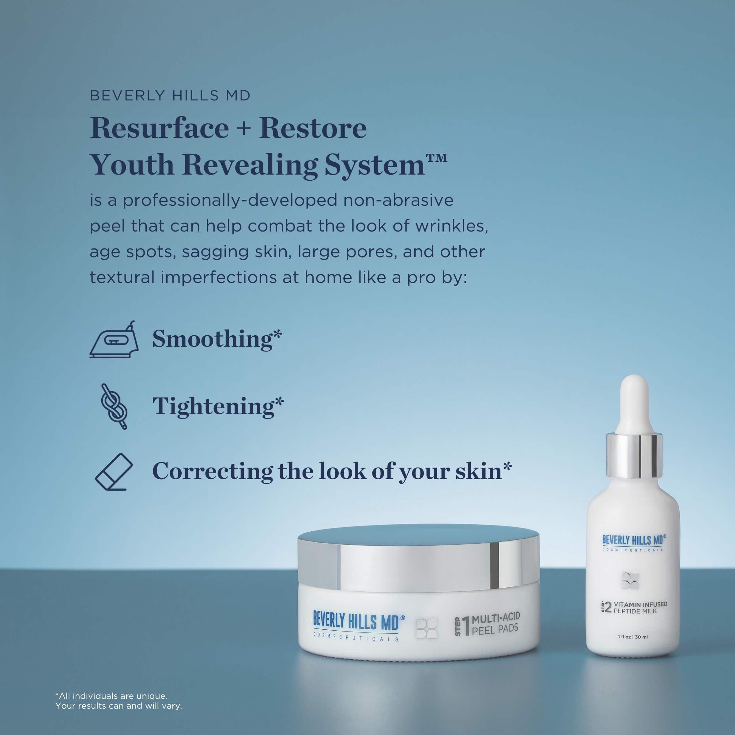 Beverly Hills MD Beverly Hills MD Resurface + Restore Youth Revealing System Peel Serum - Reduce Wrinkles- Anti-Aging Exfoliation Toner for Even, Moisturized Skin- Lighten Dark Spots on Face, Neck w/Peptides