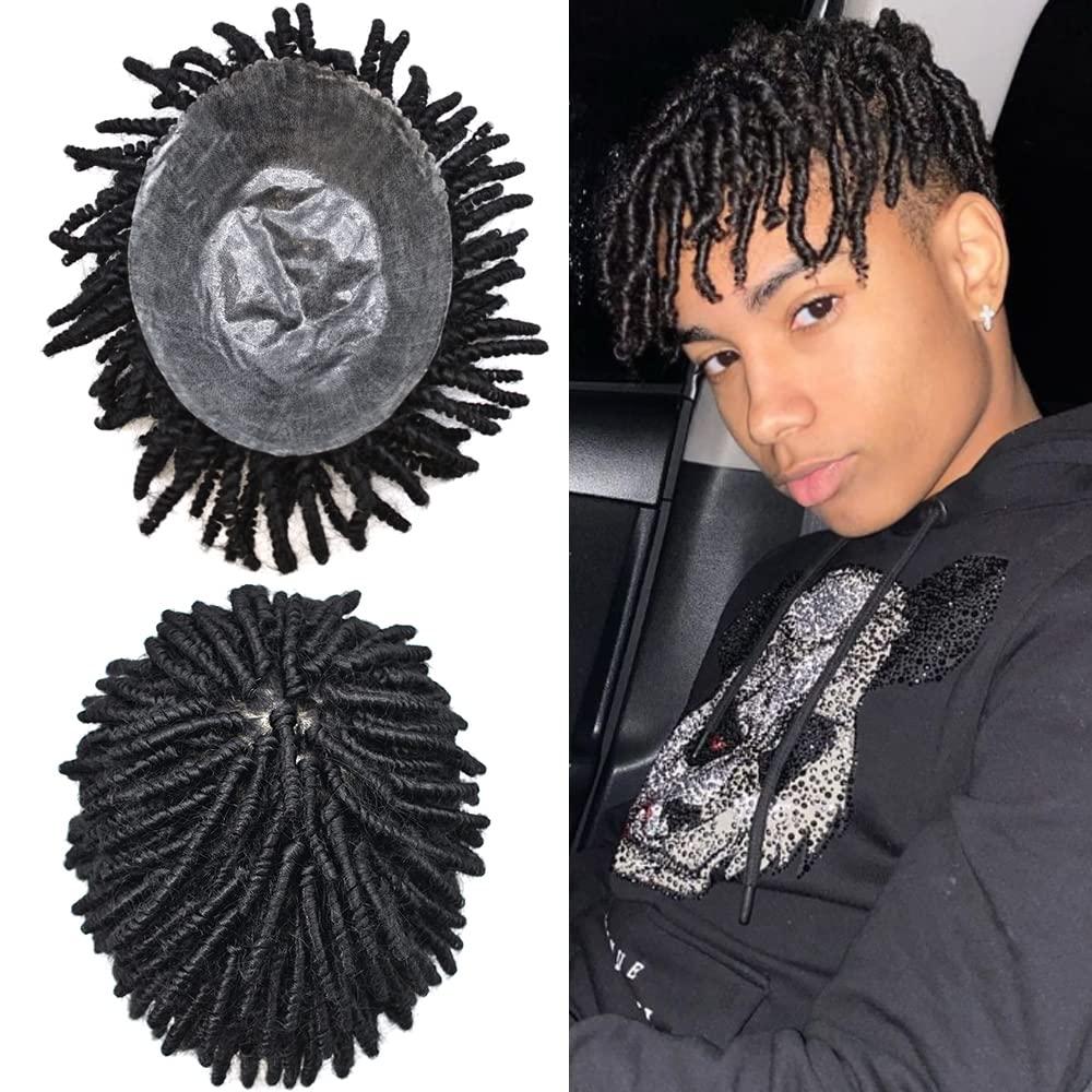 SINGA HAIR Afro Braids Toupee For Black Men Crochet Braids African American Men Hair Replacement System Dreadlock Human Hair Toupee Afro Hair Unit Locs Braided For Black Men (10\'\' Long Hair, 1B Off Black)
