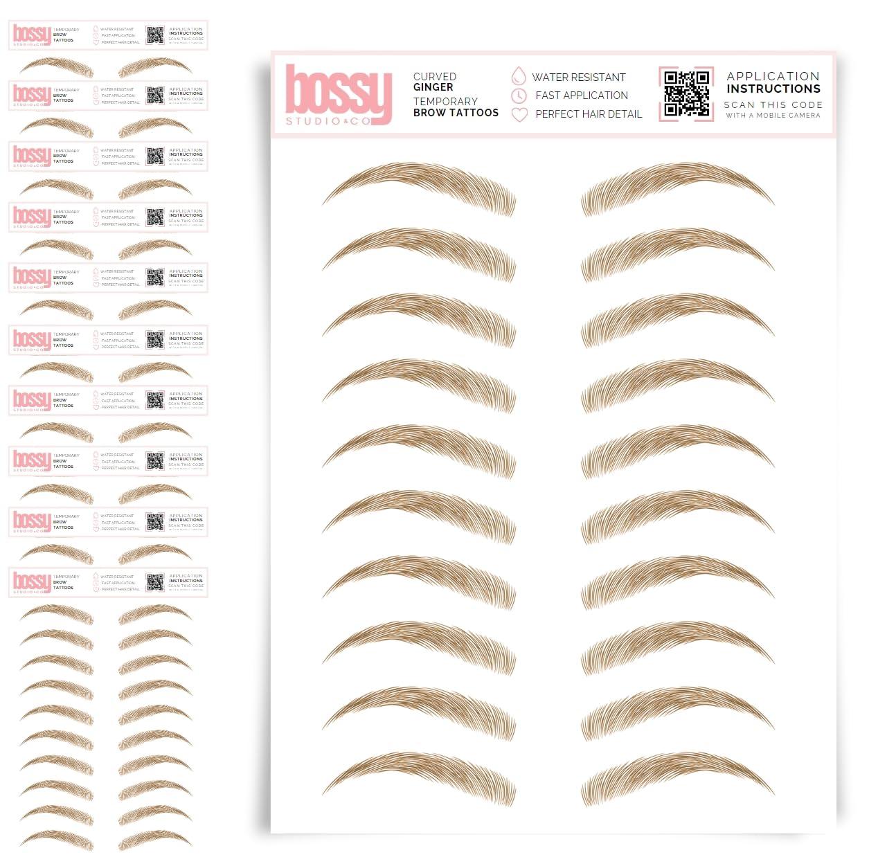 Brows by Bossy 10 Pack Temporary Eyebrow Tattoos Waterproof Eyebrow Stickers, False Tattoos Hair Like Peel Off Instant Transfer Brows For Women And Men | Natural Strokes, Shaping (curved, ginger)