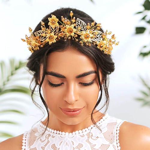 Woeoe Woeoe Crystal Queen Headband Gold Bridal Headpiece Women Headwear with Combs for Bride Wedding Birthday Party