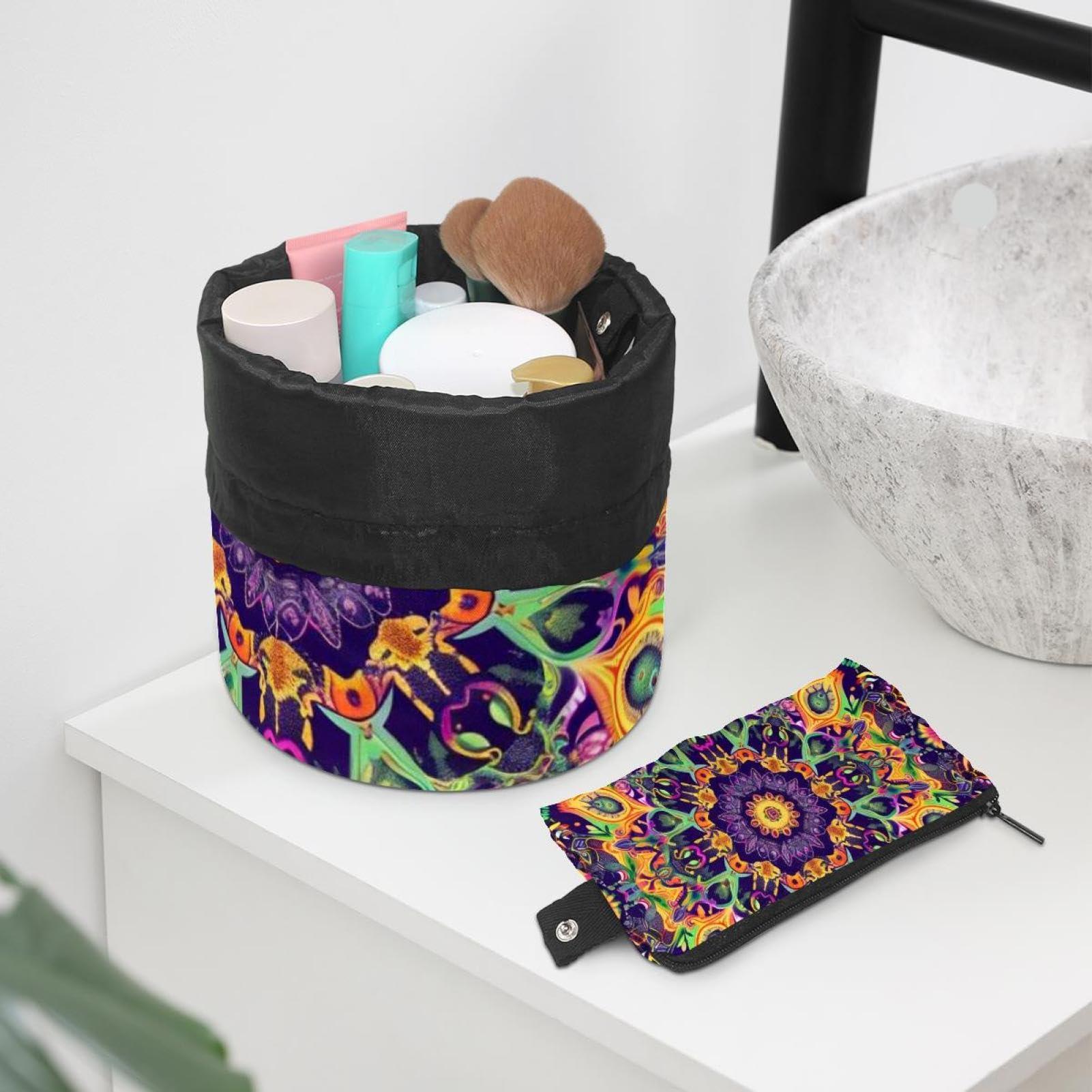 LSHDNG Travel Cosmetic Bags bucket Makeup Bag, Art Psychedelic Mandala Hippie Women Portable Foldable Cases, Multifunctional Toiletry Bucket Bags Round Organizer Storage