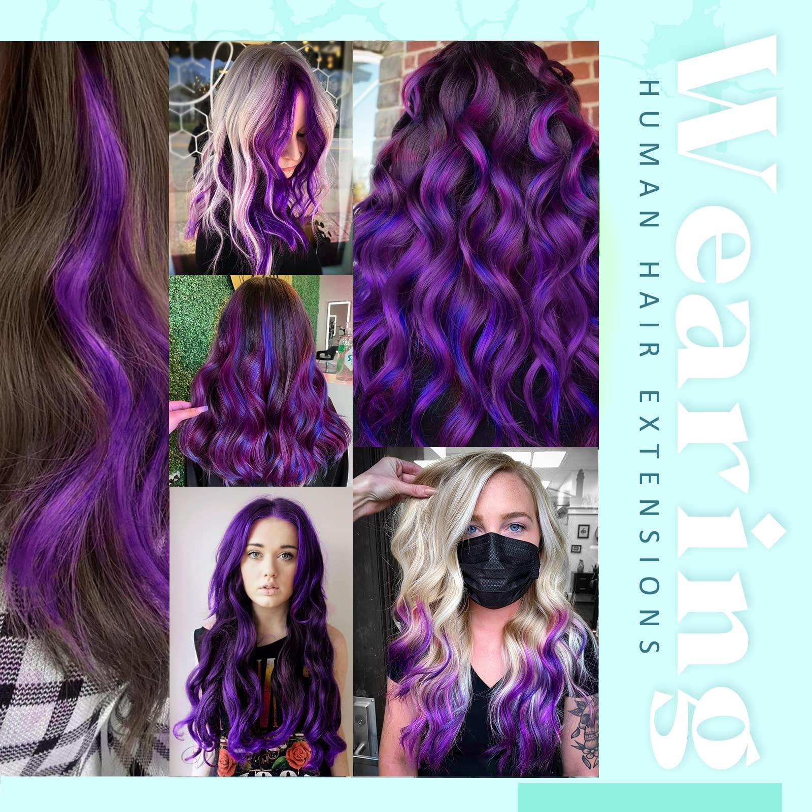 RUNATURE Purple Hair Extensions Bundles: Clip in Hair Extensions Real Human Hair Dark Purple 25g/5pcs and 70g/5pcs 16 Inch Full Head Colored Hair Extensions Purple Clip in Extensions