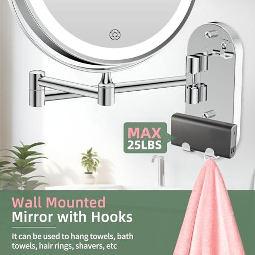 FUNTOUCH FUNTOUCH Wall Mounted Lighted Makeup Mirror, Rechargeable 8\" Double-Sided LED Make up Mirror 1X/10X Magnification, 3 Color Lights Dimmable 360 Rotation Wall Mount Mirror with Extension Arm and Hooks