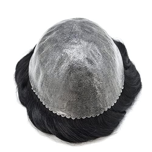 Hair Wonders HAIR WONDERS Toupee For Men Human Hair Injected Full Poly Skin Mens Hairpieces Durable Hair Replacement System Mens Toupee Hair Units (8\'\'*10\'\', 1# JET BLACK-120% medium light to medium density)