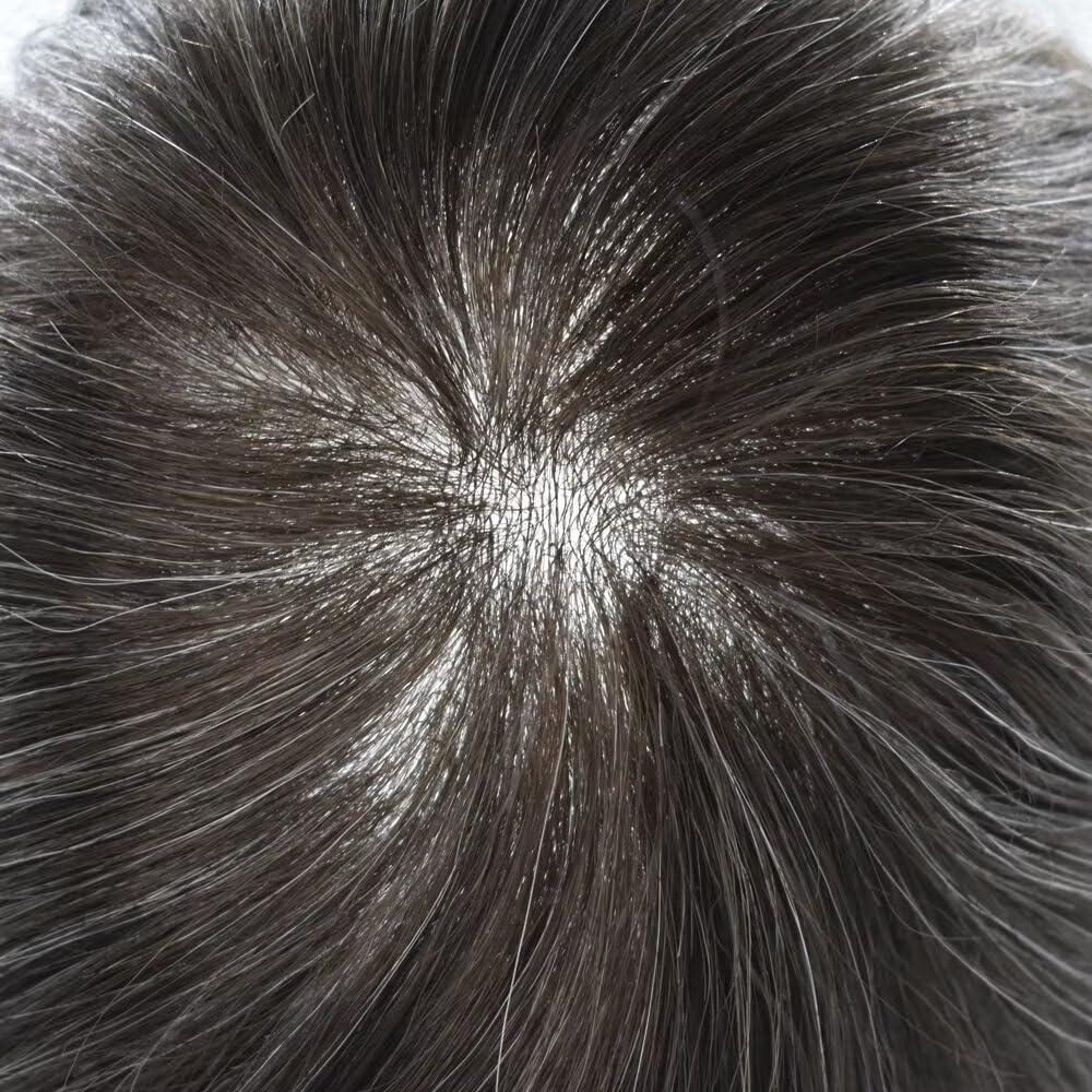 JUST HAIR Super Thin Skin Mens Toupee 0.03mm Ultra Thin PU Toupee for Men Hair System V-Looped Mens Hairpiece Natural Hairline Prosthesis Human Hair Replacement 8X10\"-100% density#220 Darkest Brown+20% Gray