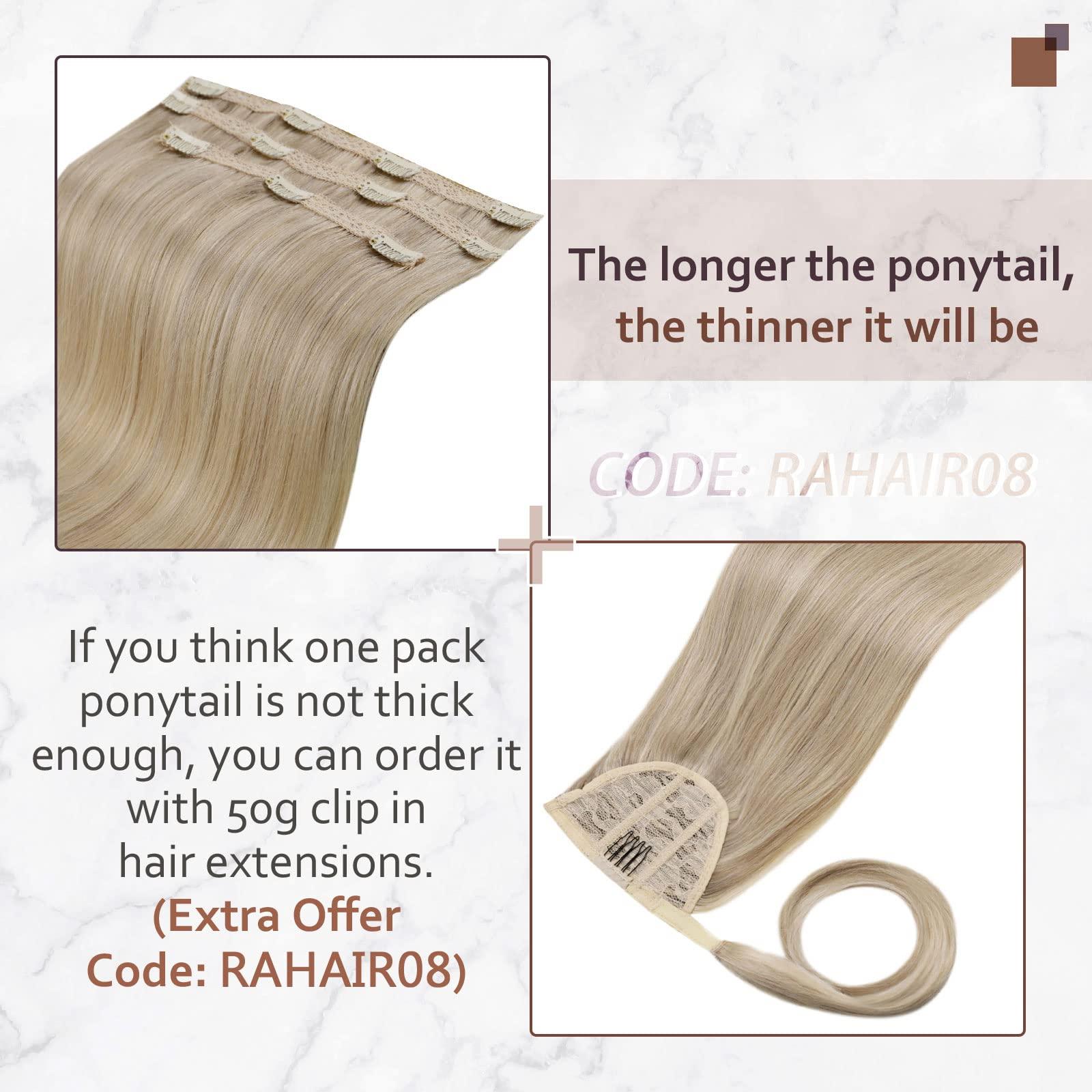 RUNATURE Light Ash Blonde Hiar Extensions Clip Ins 12 Inch Clip Hair Extensions #16p22 and #8p60 Brown with Blonde Human Hair Ponytail Extension 12 inch