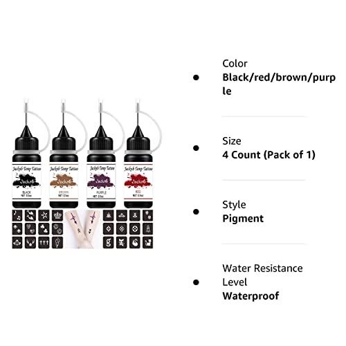 Jacknb Jacknb Temporary Tattoo Kit Jagua Gel Semi Permanent Tattoo Freehand Ink 4 Bottles (2oz) DIY Tattoos Fake Freckles Body Art Paint Kits 40 Pcs Free Tattoos Stencils (Black/Red/Purple/Brown)