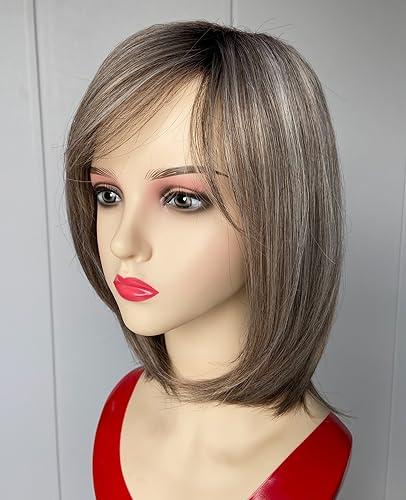 RENERSHOW RENERSHOW Short Ombre Grey Wigs for Women Layered Chin length Gray Bob Wig Mid-length Straight Hair Wig Natural Looking Synthetic Wig