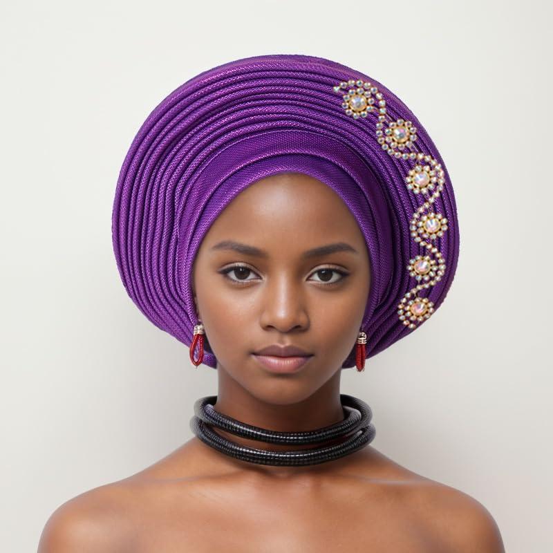 SugeGasa Nigerian Headtie with Stones Female Head Wraps Already Made Auto Gele Head Tie African Turban Cap for Party (Purple)