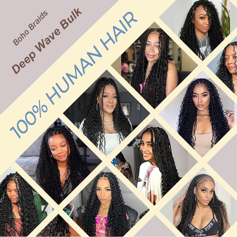 MUNONG Human Braiding Hair for Boho Braids Human Hair 100g 2 Bundles Deep Wave Bulk Human Hair for Braiding No Weft Curly Braiding Hair Bulk Hair Extensions Real Human Hair Natural Color 14 Inch