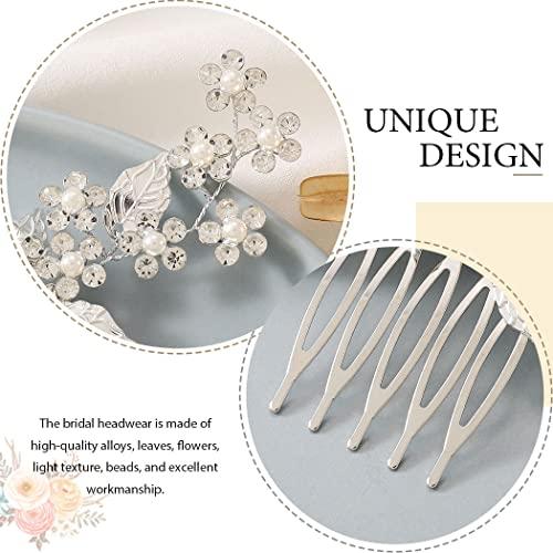 Latious Latious Pearl Bride Wedding Hair Comb Silver Crystal Flower Bridal Hair Clip Leaf Hair Piece Hair Accessories for Women and Girls
