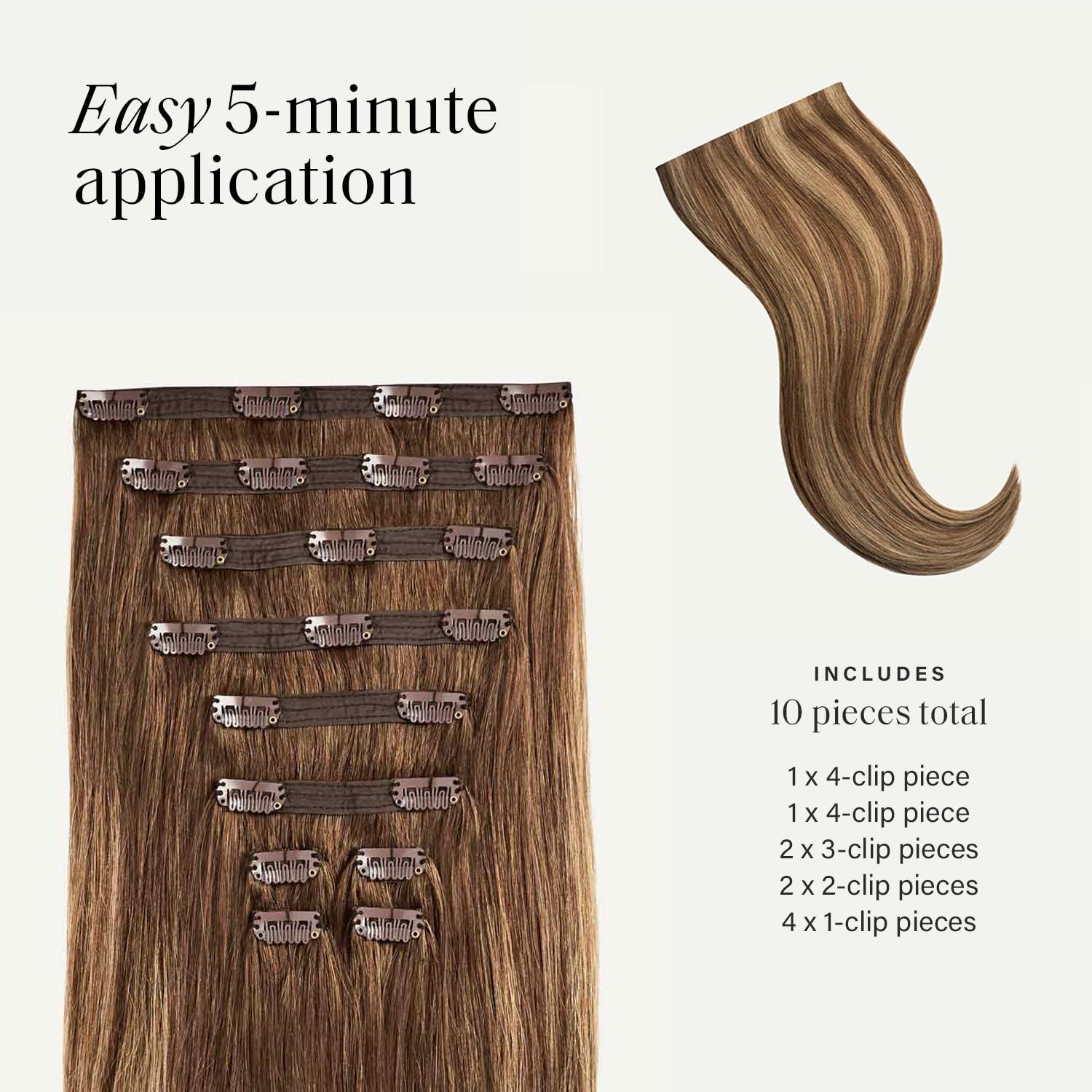 Luxy Luxy Hair 24\" Chestnut Brown Highlights Classic Clip-In Hair Extensions (240 grams) 100% Remy Human Hair, Natural,Volume, 10-Piece Set, Blends Easily