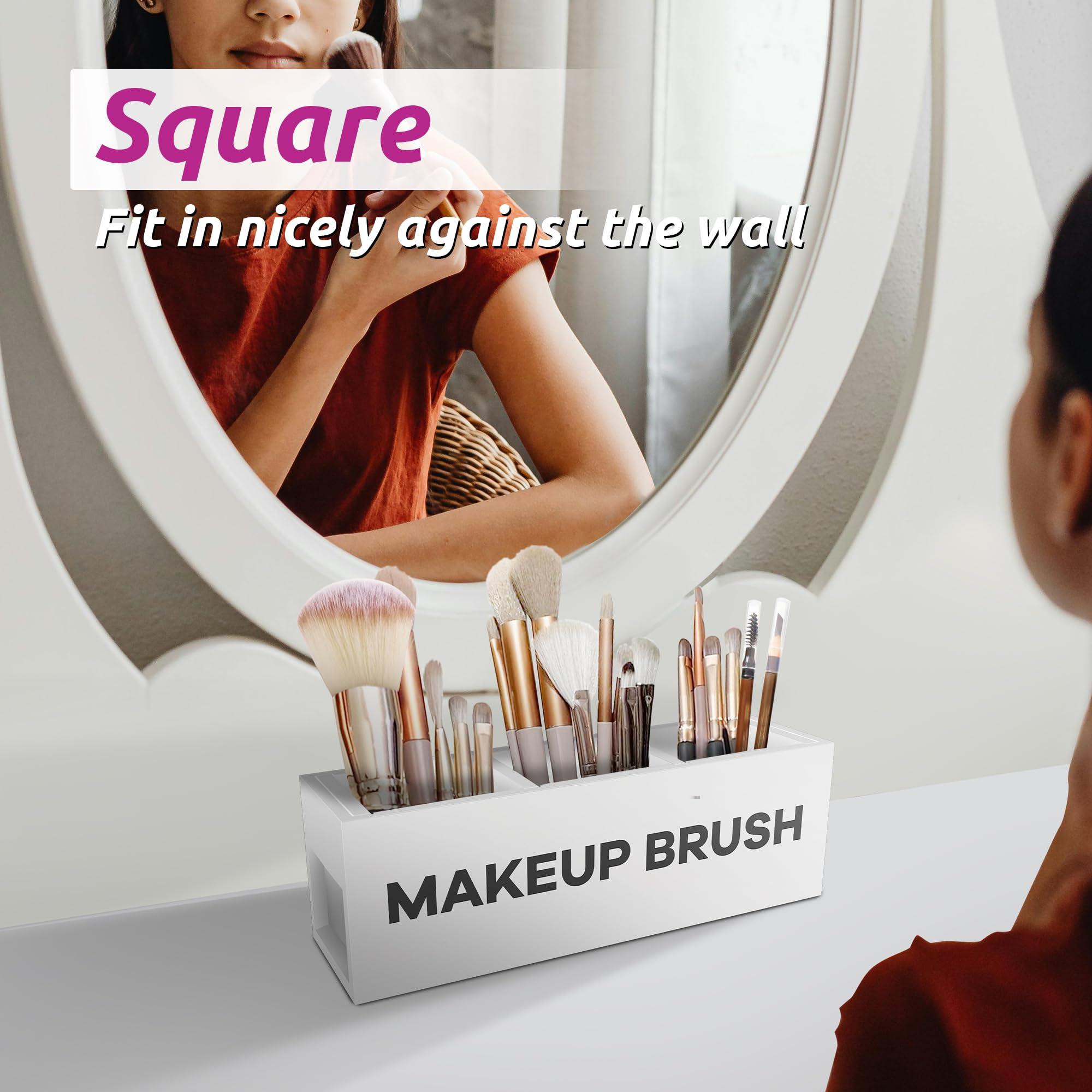 Suli Suli Large Makeup Brush Holder Organizer, Wooden Cosmetic Brushes Storage with 3 Slots, Eyeliners Display Case for Vanity Desktop Bathroom Countertop -White