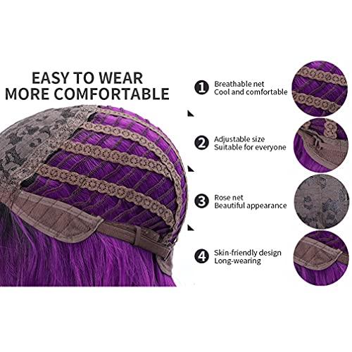 BERON BERON 14 Inches Black Purple Ombre Wig Short Curly Wig with Bangs Purple Wig Synthetic Wigs Women Girls Ombre Wig with Wig Cap